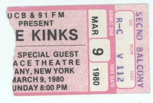The Kinks 3/9/80 Albany NY Palace Theatre Concert Rare Ticket Stub