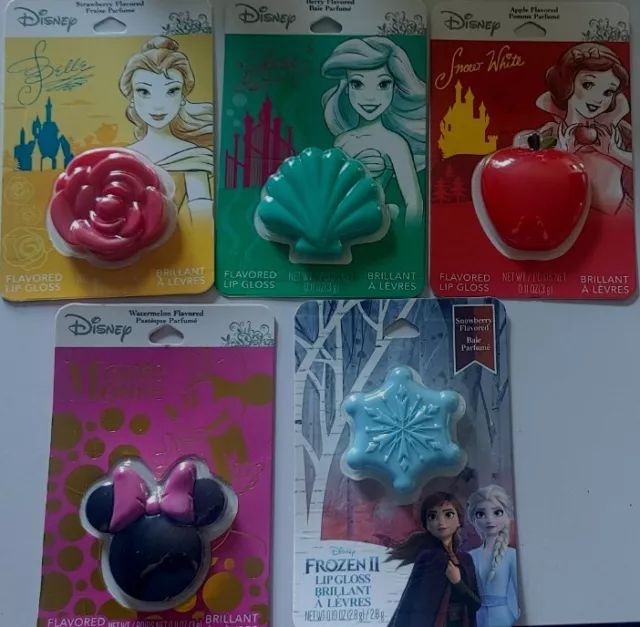 ⚡lot of 5 DISNEY Lip Gloss Belle,Frozen ll,Snow White ,Ariel ,Minnie Mouse