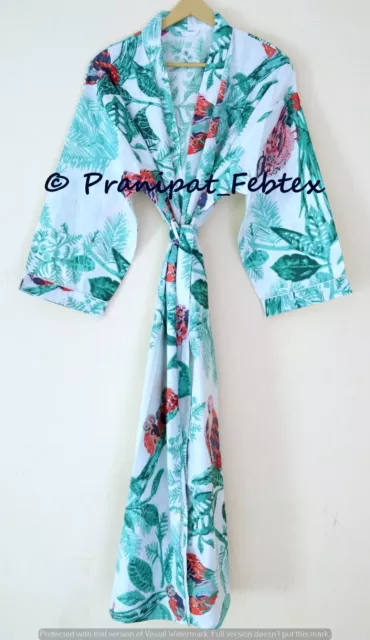 Pájaro Búho Estampado Verde Menta Mano Algodón Kimono Beachcoverup Pijama Pasear