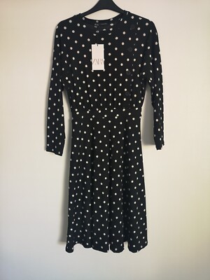 BNWT zara black white spotty polka dot button 80's style tea dress M medium