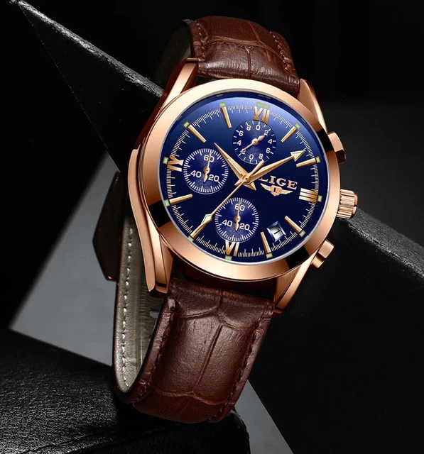 MONTRE HOMME MARQUE de luxe Quartz bracelet en cuir Marron Noir