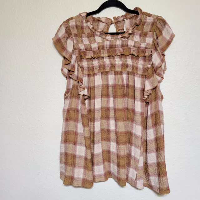 Free People Not Your Average Girl Plaid Top Blush Combo Women's XL Ruffle Preppy