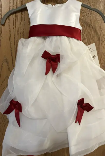NWT White Satin Sleeveless Flower Girl Dress with Red Sash & Bows Size 2T $79.95