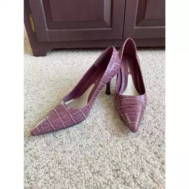 Retro look Amanda Smith purple leather pumps US 7.5M shoes moc croc pointy toes