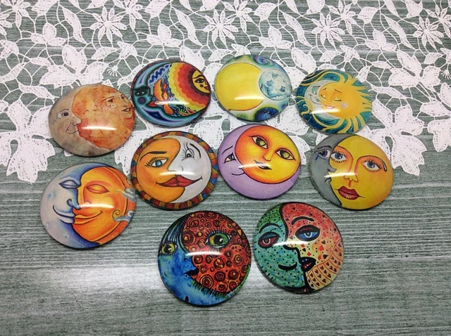 10 Sun and Moon Cabochons 16-25mm Mixed Round Glass Cabochon Flat Back Crafts