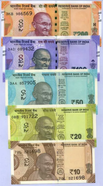 Lot of 5, India, 200, 100, 50, 20, 10 Rupees, All New Issue Banknote, UNC