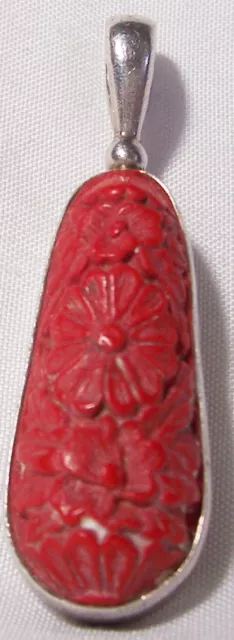 Sajen 925 Sterling Silver Chinese Cinnabar Red Floral Pendant 2" long