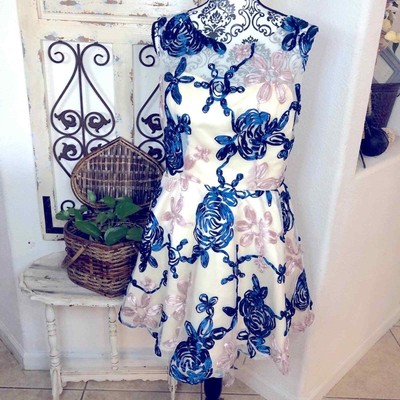 Vicky & Lucas blue and cream floral formal high low dress
