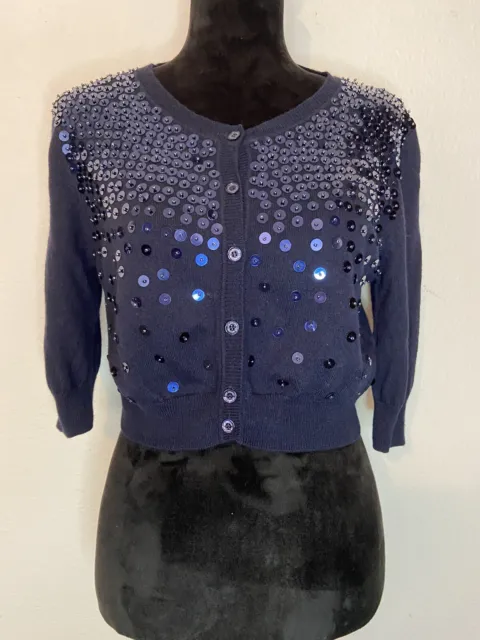 Love Moschino 30% Wool Navy Blue Beaded Sequined Button Up Cropped Cardigan