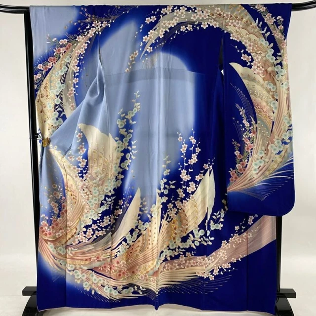 Japanese Kimono Furisode Pure Silk Flower Peacock Feather Blue Gold Thread
