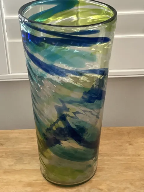 Vintage Hand Blown Murano Art Glass Vase 14” Blue Swirl Pontil Mark Bubbles