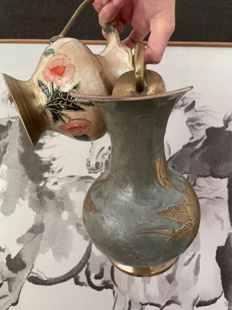 Vintage Antique Indian Gold LARGE + SMALL Cloisonné BRASS ENAMEL JUG floral vase