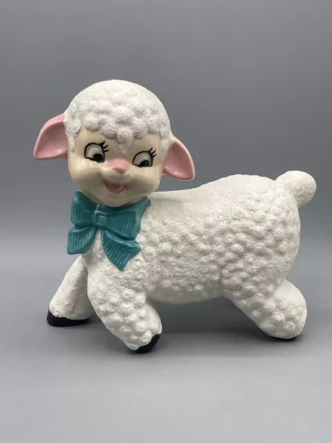 Vintage Anthropomorphic Lamb Figurine White Ceramic Blue Bow Shabby Chic 7”