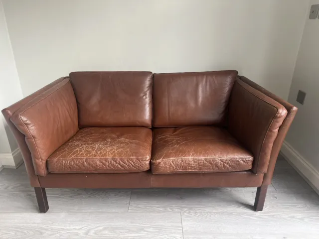Danish Tan Leather Sofa, 2 seater, Retro, Vintage