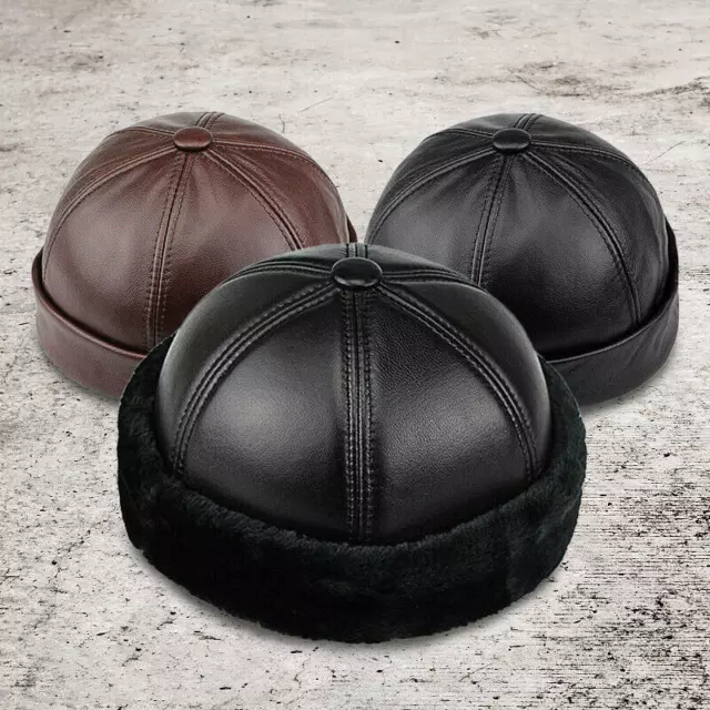 Men's Genuine Leather Winter Warm zucchetto Skullcap Beret Round Hat Cap 2 Style