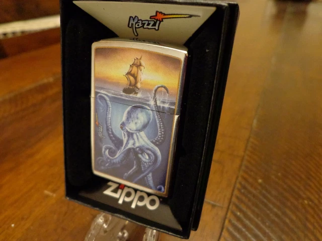 Mazzi Giant Octopus And Tall Ship Brush Chrome Zippo Lighter Mint In Box
