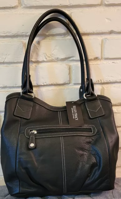 ELLEN TRACY Kyla Shopper Genuine Black Leather Handbag Purse Lots Of Storage NWT
