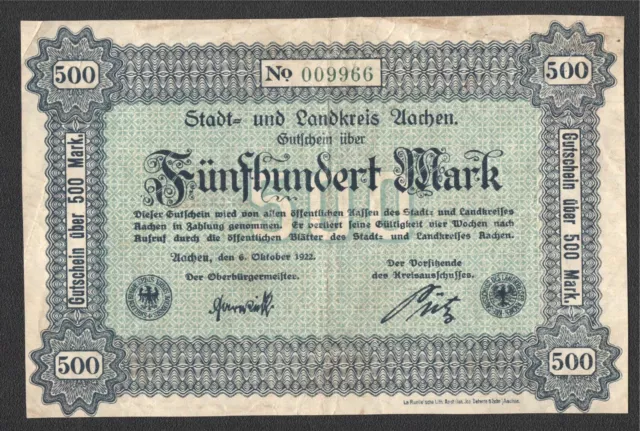 Aachen, Stadt- und Landkreis; 500 Mark vom 6. Oktober 1922