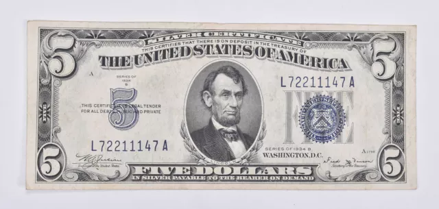 RARE - Crisp 1934-B Silver Certificate $5 Blue Seal $5 Higher Grade! *787