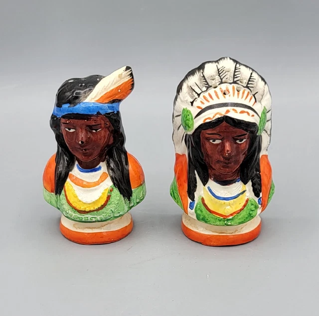 SALT PEPPER SHAKERS Vintage Native American Indian Chief Maiden Japan