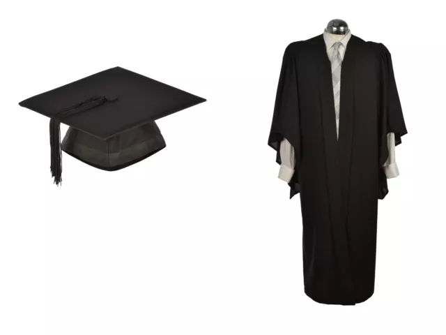 Graduation Gown & Hat Black Mortarboard BA Bachelor University Cap Fully Fluted