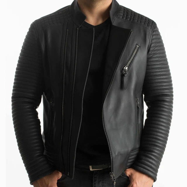 Mens Leather Jacket Black Quilted Genuine Lambskin Biker Motorcycle Jacket - 195 3