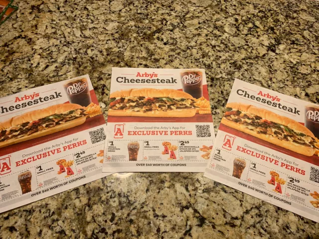 Three sheets ARBY'S  COUPONS expires 10/31/2023
