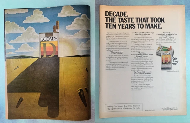VINTAGE 1970S 2 page magazine print ad DECADE Cigarettes smoking ...