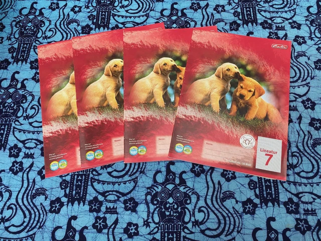 4 Schulhefte A4, Lineatur 7, 16 Blatt + 2 Hefter + 2 Heftumschläge, rot + orange