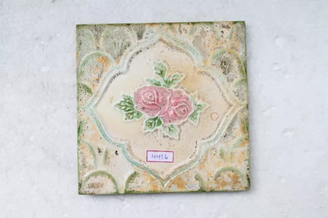 Vintage Tile Art Nouveau Majolica Pink Flower Design Architecture Tile Nh4416