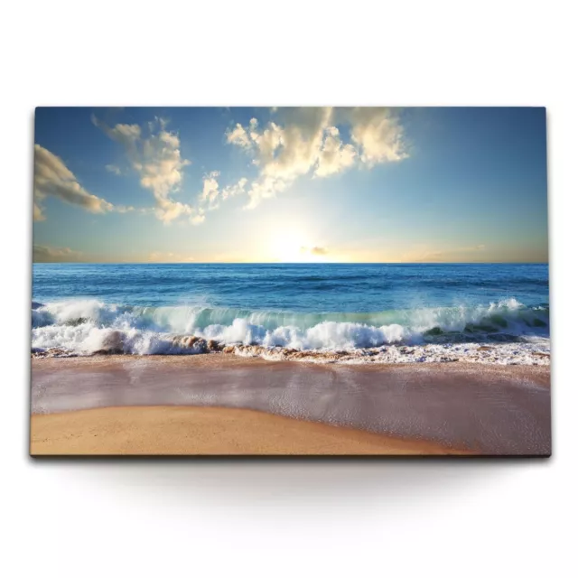 120x80cm Wandbild auf Leinwand Meer Strand Wellen Horizont Blau Sonnenuntergang