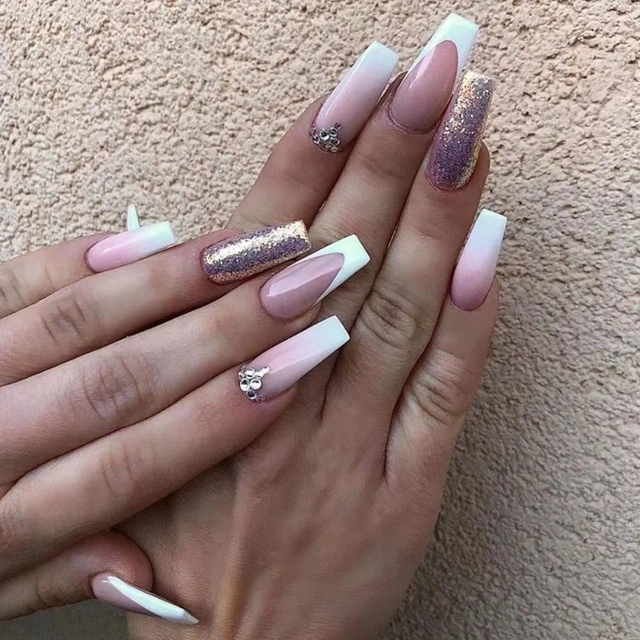 Ballerina francese finte unghie pressa rimovibile bordo bianco bordo lungo