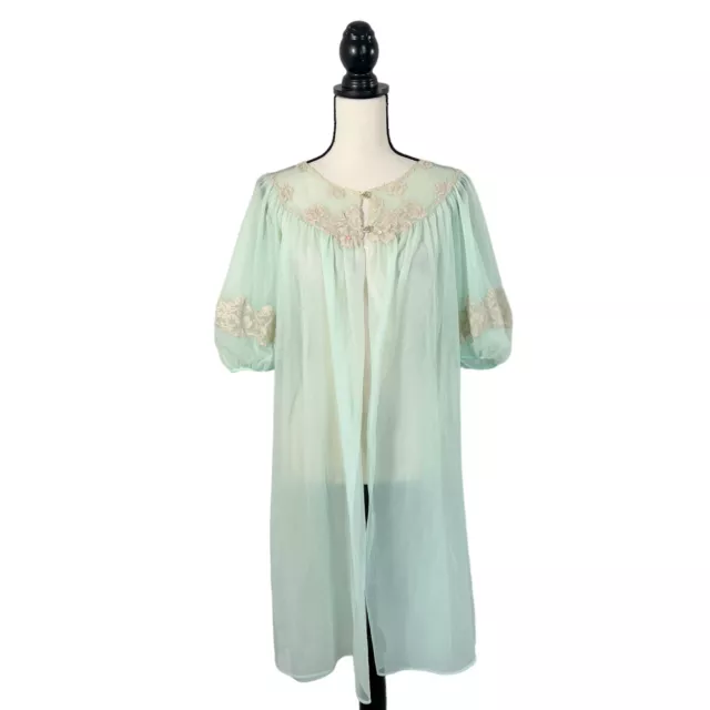 Vintage Kayser Nylon Peignoir Puff Sleeve Lace Embroidered Gown Mint Blue Small