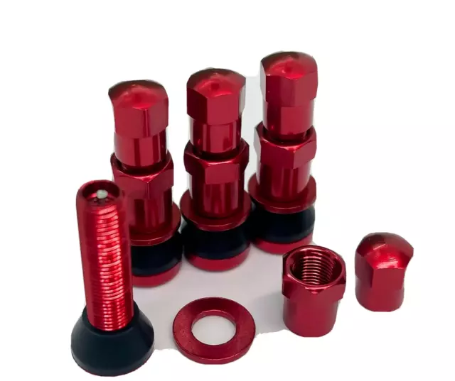 4 PCs Aluminium Wheel Valve Stems with Caps Universal Fit. Gloss Red Finish