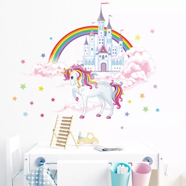 Fairy Unicorn Wall Stickers Large Kids Girls Rainbow Pink Castle Bedroom Decals