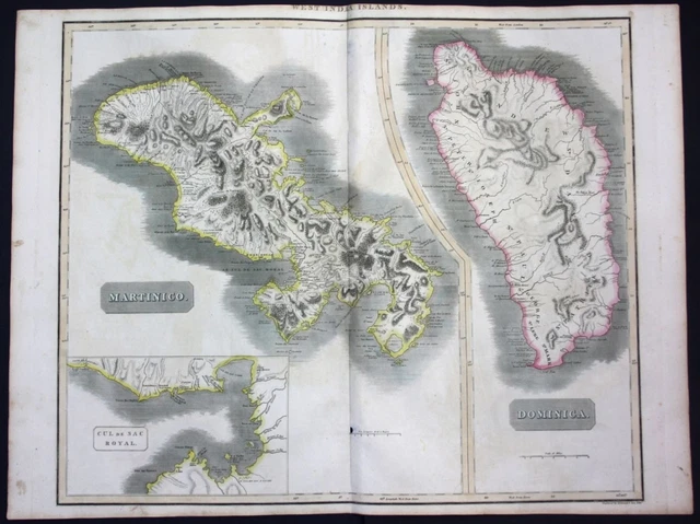 1817 West Indies Martinique Dominica island America map Karte Thomson engraving