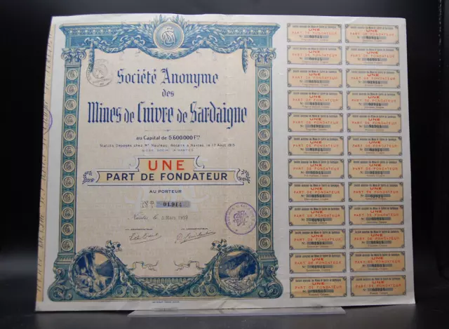 bon au porteur société des  mines de cuivre de Sardaigne, 1919, 1 part fondateur