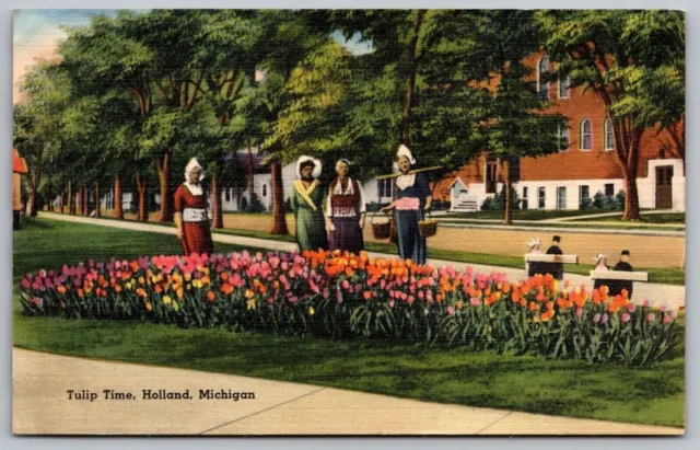 Tulip Time Holland Michigan Mich MI Flower Garden Street View Linen VNG Postcard