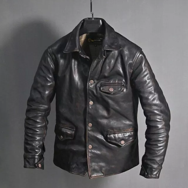 Hombre Motero Angustiado Negro Vintage Moto Cuero Vacuno Chaqueta