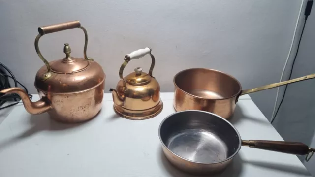 Vintage Copper Set 2 Sauce Pan Set Kitchen Brass Handles With 2 Kettle Tea