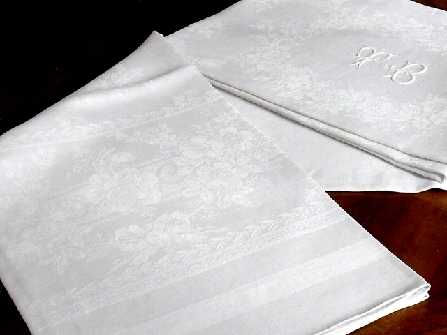 Nappe Damasse De Lin - Motifs De Chardons Et Fleurs - Monogr Nappe Damasse De Lin - Motifs De Chardons Et Fleurs - Monogr