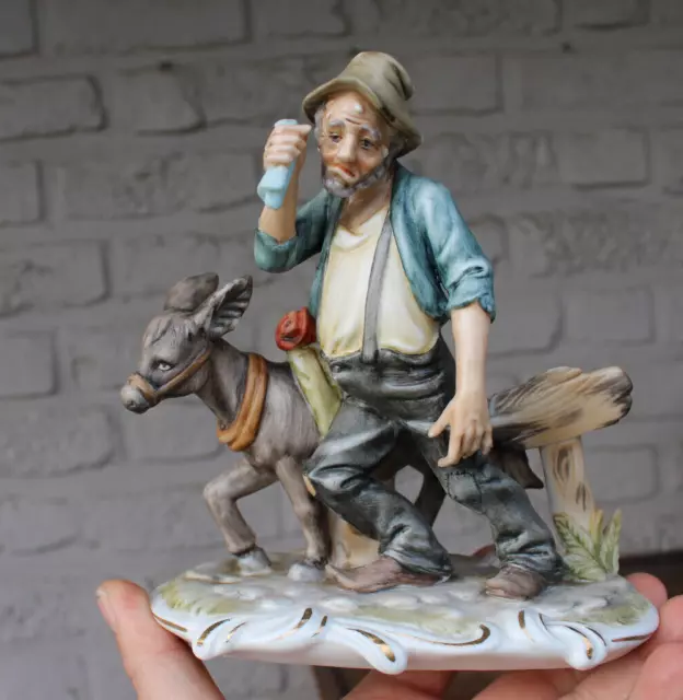 Vintage italian capodimonte porcelain old man with donkey statue figurine