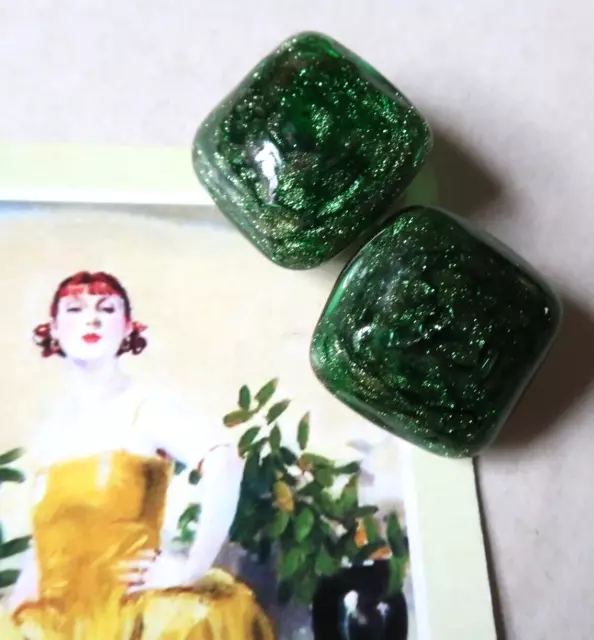 Vintage 18mm Wide Green Venetian Murano Glass Clip On Earrings