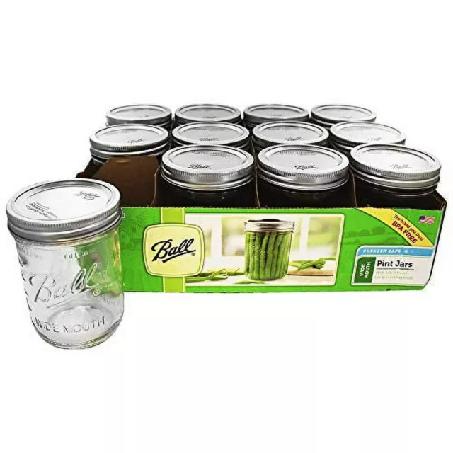 Ball, Glass Mason Jars with Lids & Bands, Wide Mouth, Clear, 16 oz, 12 Count