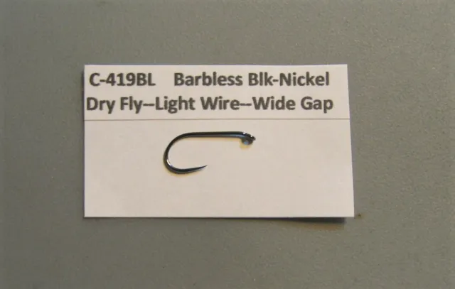 50 DRY FLY Hooks-Light Wire, Barbless, Black-nickel..C-419BL..8 Sizes available