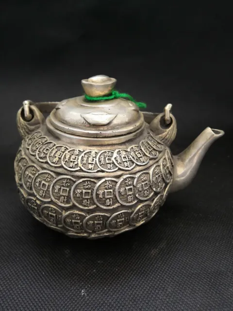 Collectible Decorated Silver Copper Handwork Carved Bring Money Coin Tea Pot