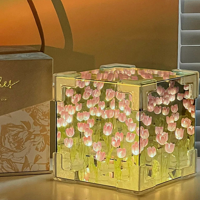 TULIP CUBE MIRROR Lamp Handmade DIY Tulip Flower Table Lamp for Women ...