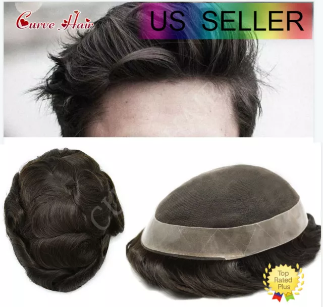 French Lace Men Toupee Human Hair Replacement System Poly Skin Men Wig Hairpiece