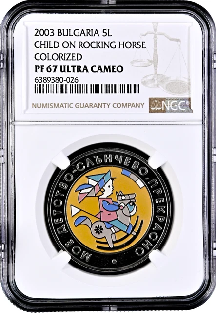 Bulgaria 5 leva 2003, NGC PF67 UC, "Child on Rocking Horse"