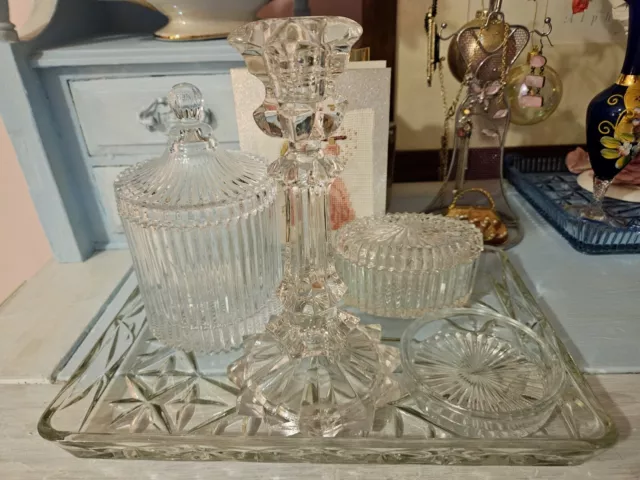 5 Piece Cut Glass And Crystal  Dressing Table Set / Bathroom Set. Vintage